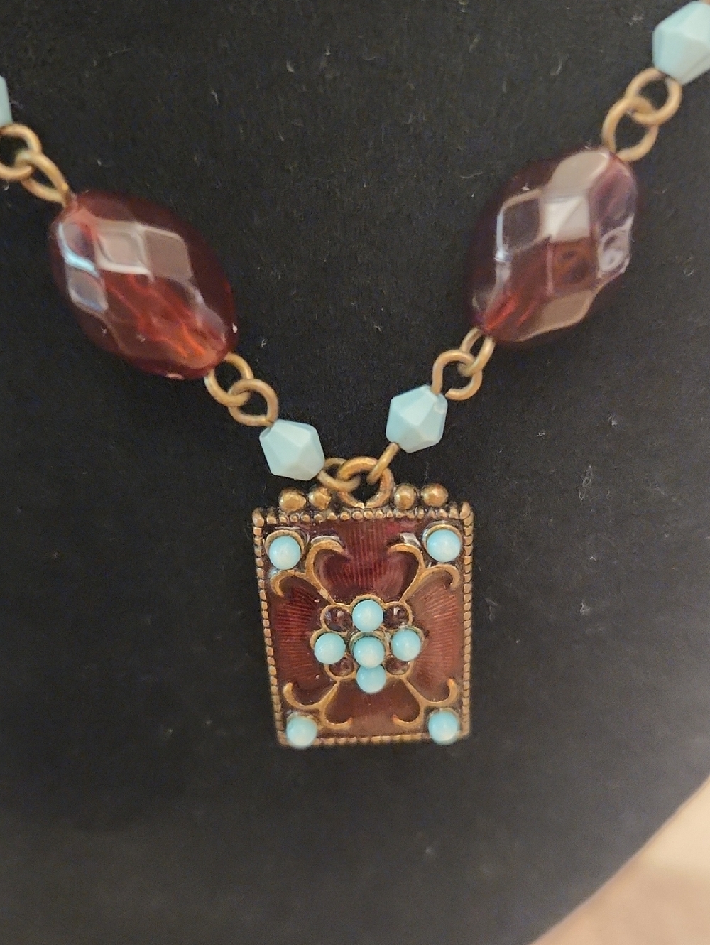 Vintage-Inspired Garnet Red and Turquoise Glass Bead Necklace - Picture 5 of 6